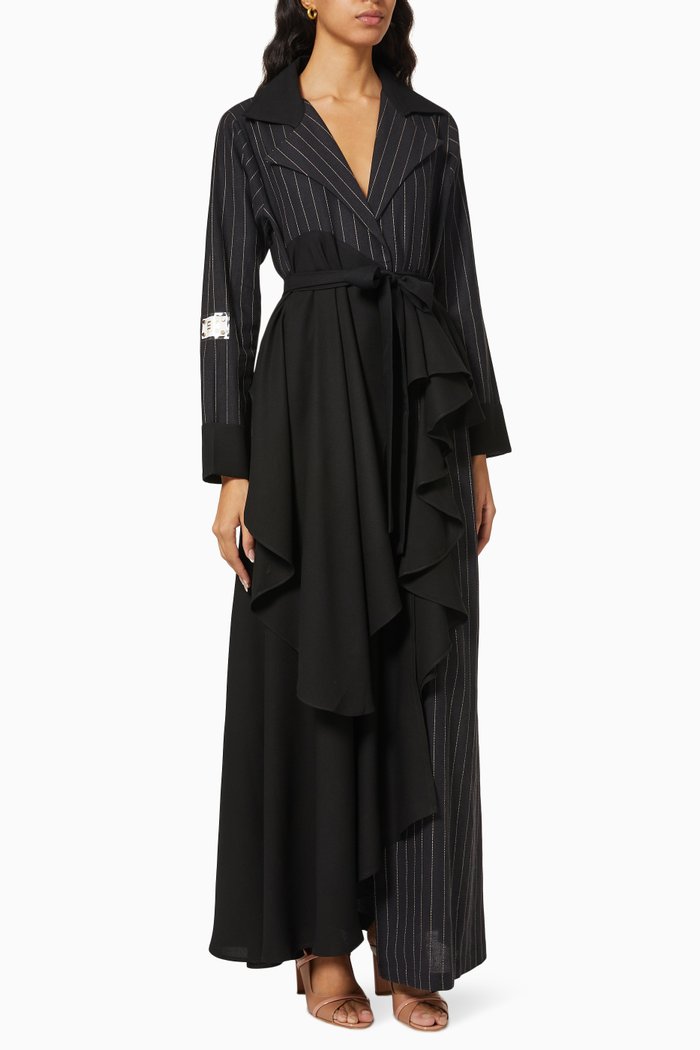 

Two Tone Ruffle Abaya with Sheila & Belt in Crepe, Black