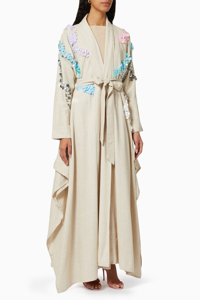 

Embellished Abaya with Sheila & Belt in Linen, Neutral