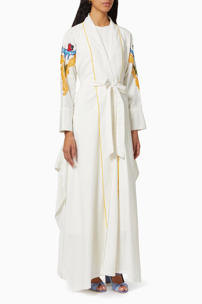 

Embroidered Abaya with Sheila & Belt in Linen, White