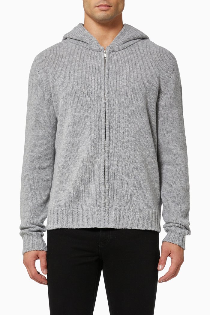 

Curved Logo Zip Hoodie in Wool Knit, Grey