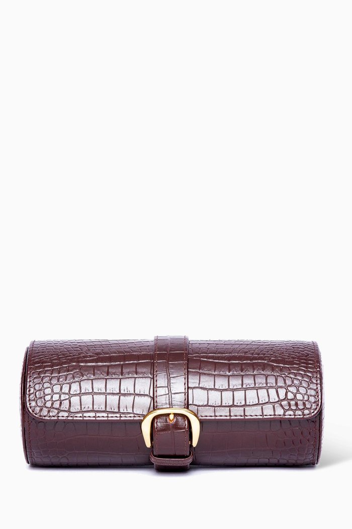 

Brompton Three Watch Roll in Croc-Effect Leather, Brown