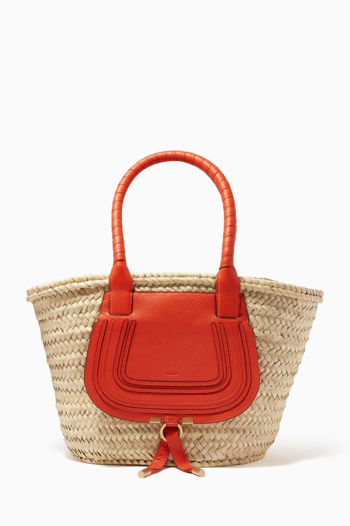 

Mini Marcie Basket Bag in Raffia & Grained Calfskin, Orange
