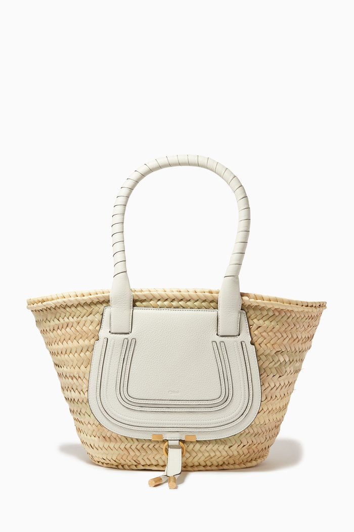 

Medium Marcie Basket Bag in Raffia & Grained Calfskin, White