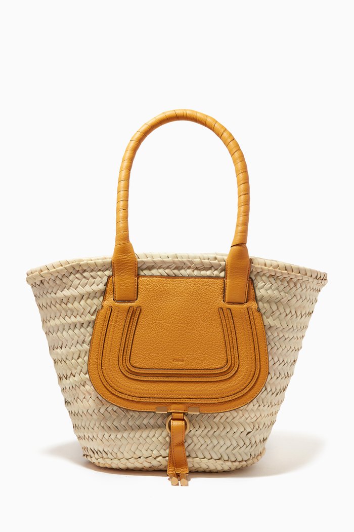 

Medium Marcie Basket Bag in Raffia & Grained Calfskin, Yellow