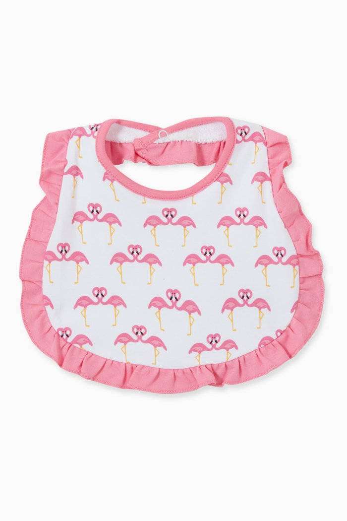

Pinky Print Ruffle Bib in Pima Cotton, Pink