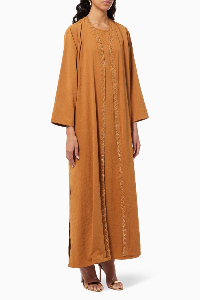 

Beaded Trim Abaya in Cotton, Brown