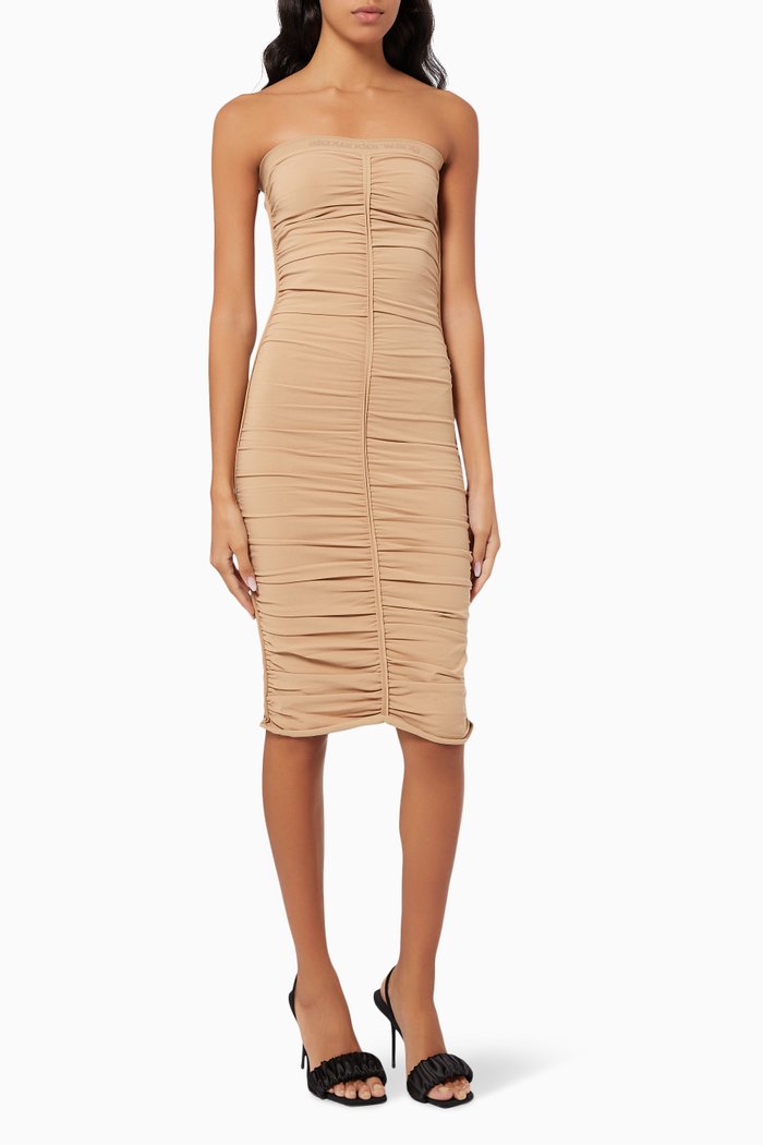 

Ruched Strapless Midi Dress in Stretch Nylon, Neutral