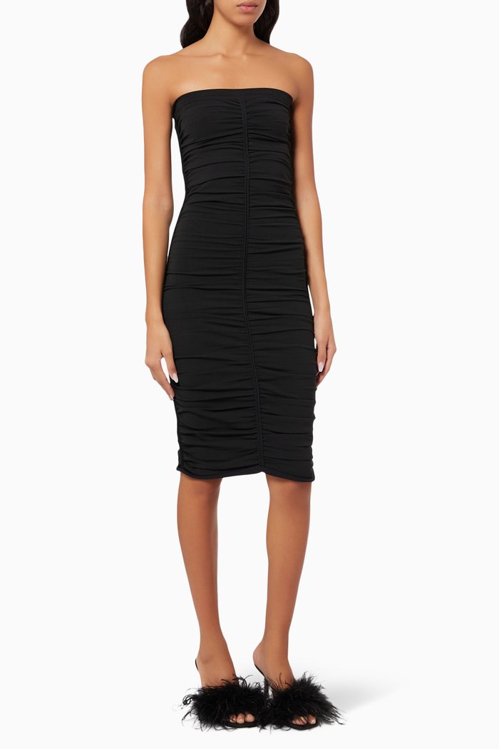 

Ruched Strapless Midi Dress in Stretch Nylon, Black