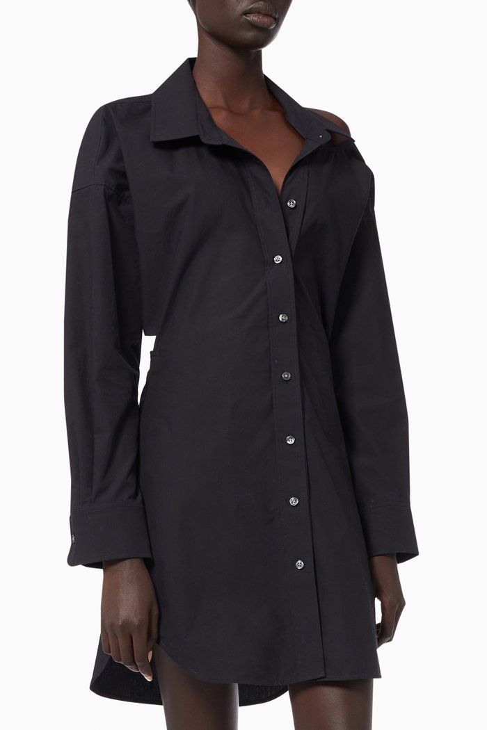 Cut-out Shoulder Shirtdress in Cotton Poplin Shirting, Black