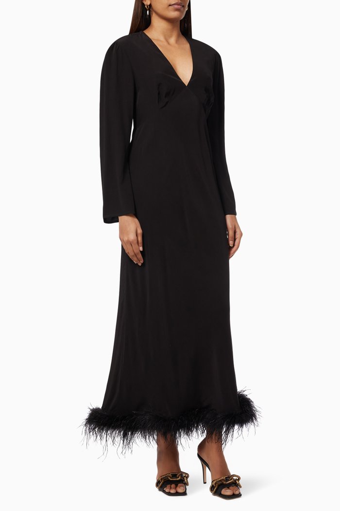 

Mya Midi Dress with Feathers in Viscose, Black