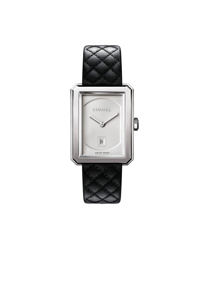 

Medium version, steel, quilted pattern calfskin strap, Black