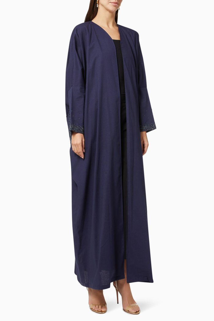 

Hand Embroidered Abaya in Linen, Blue