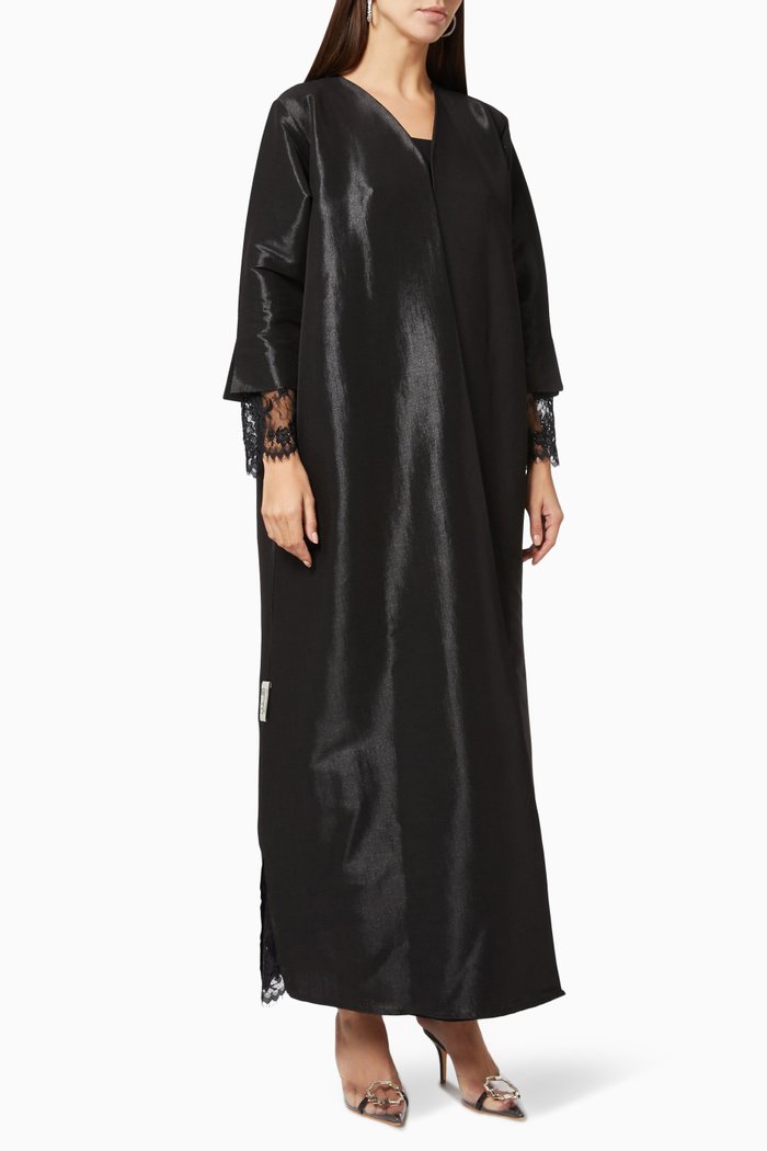 

Lace Trim Abaya in Stretch Crepe, Black
