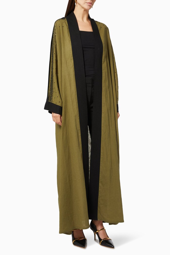 

Hand Embroidered Abaya in Linen, Green