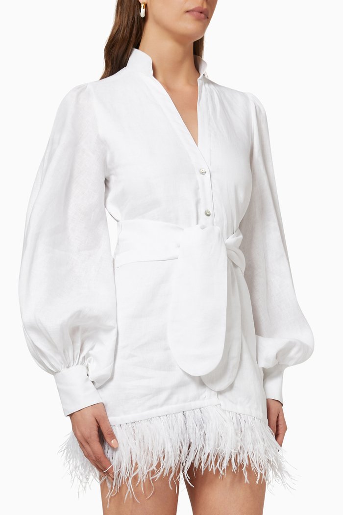 

Volare Dress in Linen & Ostrich Feathers, White
