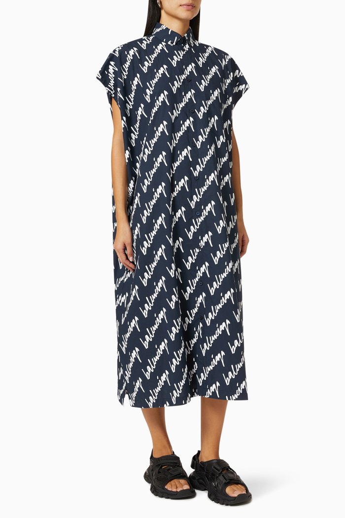 

Scribble Rawcut Shirt Dress in Cotton Poplin, Blue