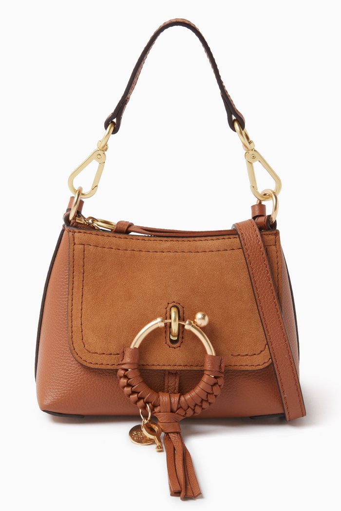 Mini Joan Shoulder Bag in Grained Calfskin & Suede, Brown