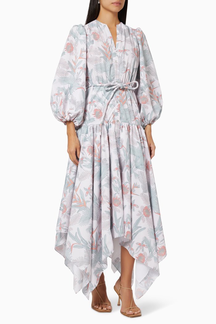 

Boca Dulce Floral Handkerchief Dress in Crepe, White