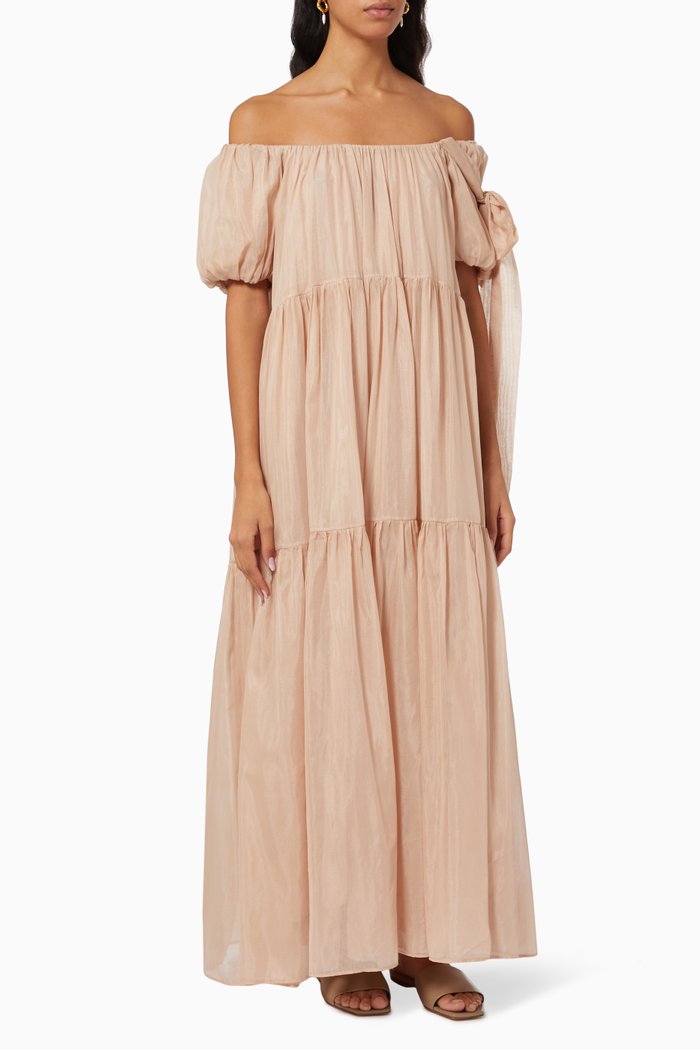 

Joanne Balloon Maxi Dress in Silk & Cotton Gauze, Neutral