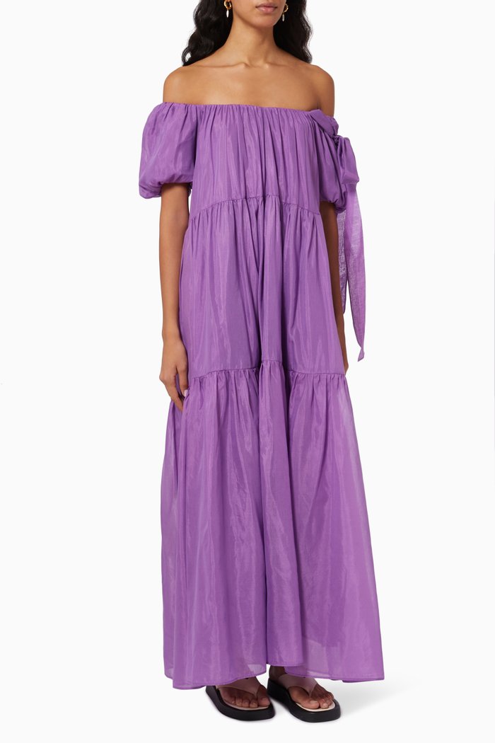 

Joanne Balloon Maxi Dress in Silk & Cotton Gauze, Purple