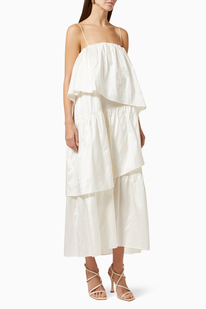 

Kate Flounce Maxi Dress in Textured Silk Dupion, Neutral