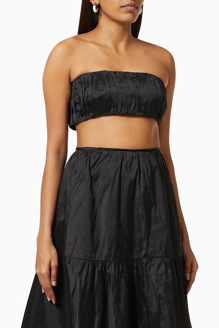 Mia Shirred Bralette in Textured Silk Dupion, Black