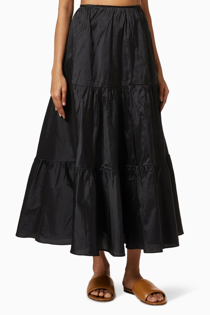 

Isabelle Tiered Midi Skirt in Silk Dupion, Black