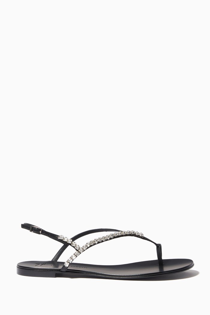 Aries Crystal Flat Sandals in Leather, Black