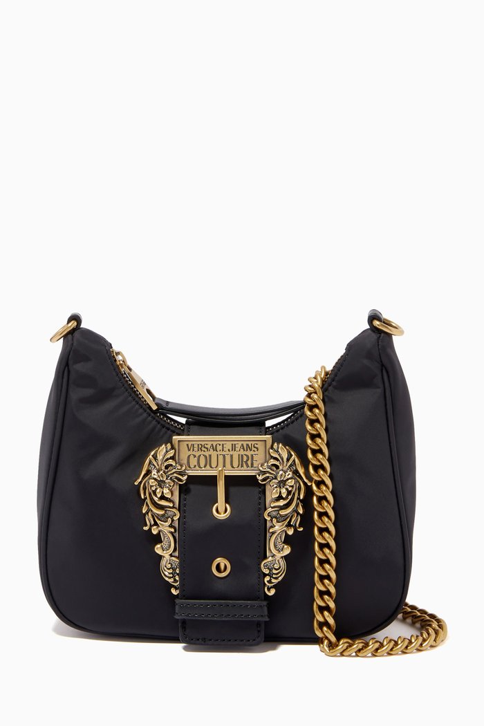 Logo Pleated Crossbody Bag in Nylon, Black
