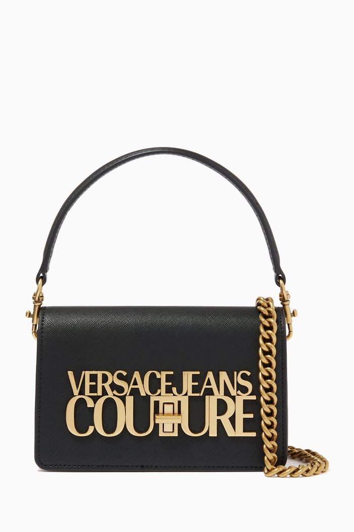 

Small Logo Lock Shoulder Bag in Saffiano Leather, Black