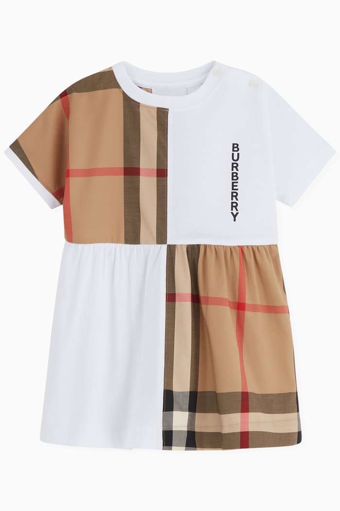 

Elena Check Panel Dress in Cotton Jersey, White