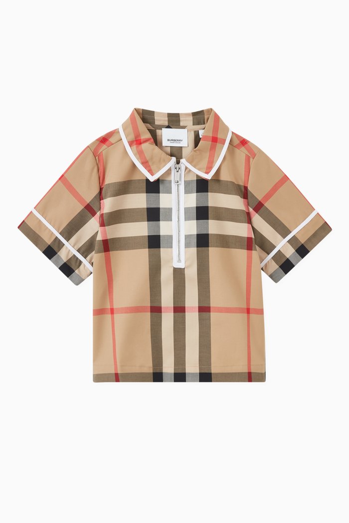 

Check Zip-front Polo Shirt in Stretch Cotton, Neutral