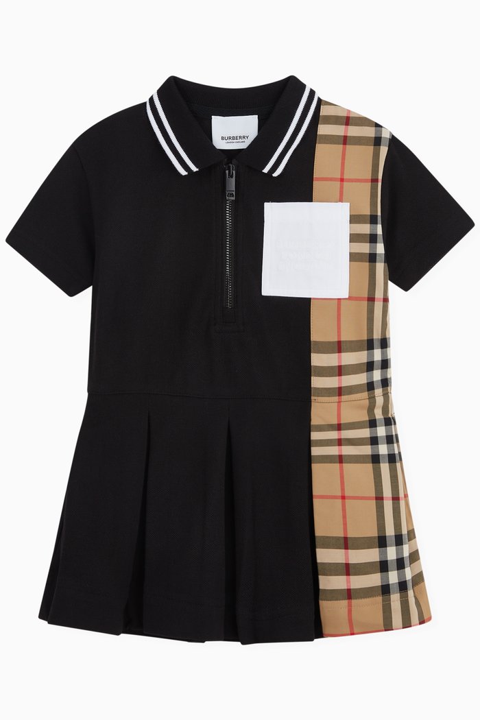 

Polo Dress with Vintage Check Panel in Cotton Piqué, Black