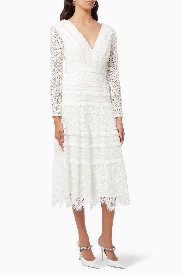 

Clio Lace & Fringe Midi Dress, Neutral