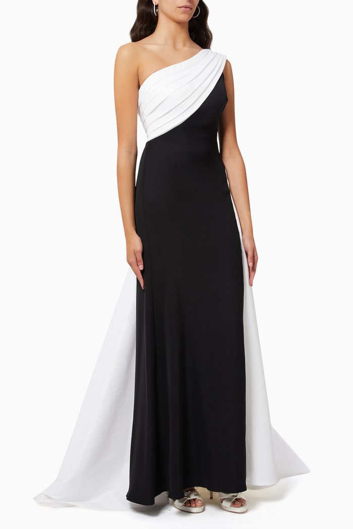 

Arda One Shoulder Gown in Crepe & Taffeta, Black