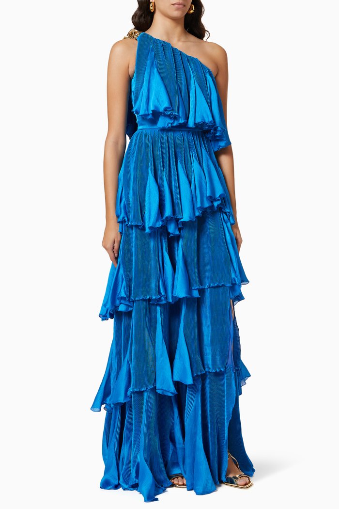 

One Shoulder Ruffle Gown, Blue