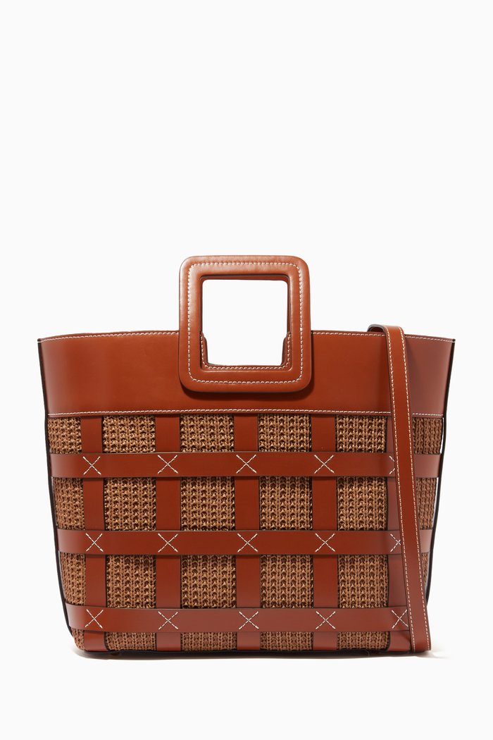 

Shirley Tote Bag in Raffia & Leather, Brown