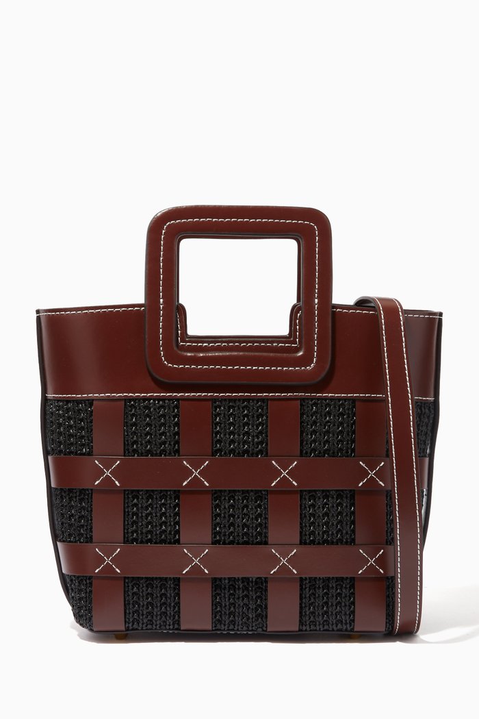 

Shirley Mini Tote Bag in Raffia & Leather, Brown