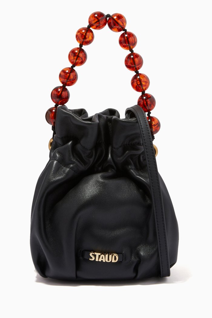 

Grace Resin Handle Bucket Bag in Leather, Black