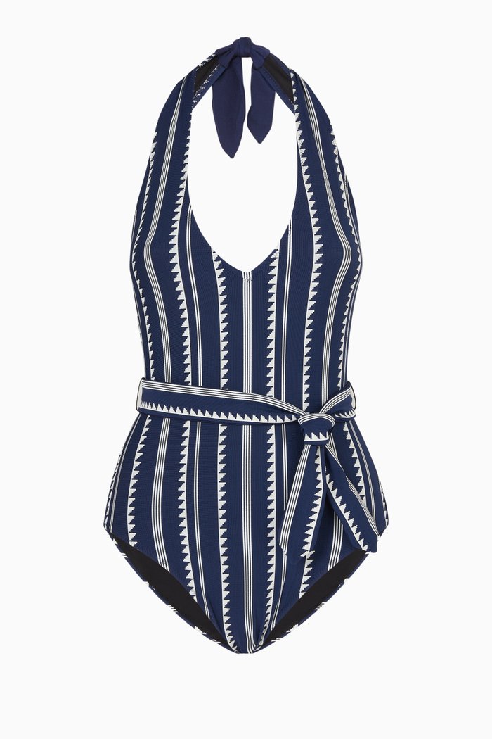 

Nunu Deep V Belted One Piece Swimsuit in Jacquard Knit, Blue