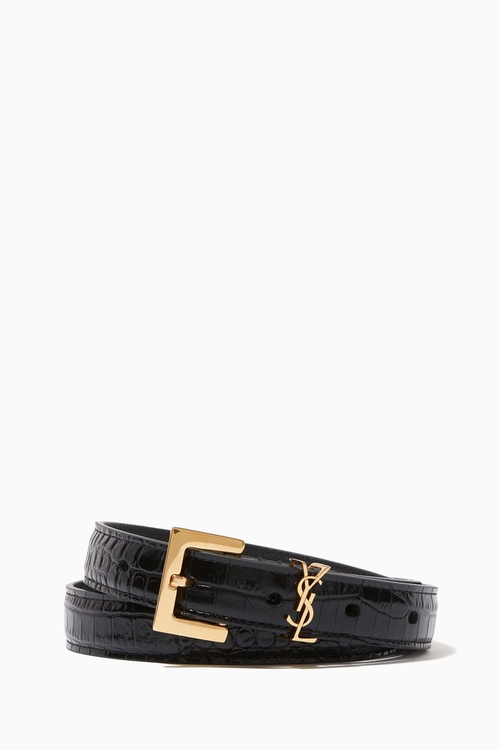 

Monogram Narrow Belt with Square Buckle in Crocodile -embossed Leather, Black