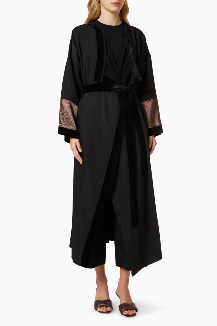 

Velvet Trim Belted Jacket, Black
