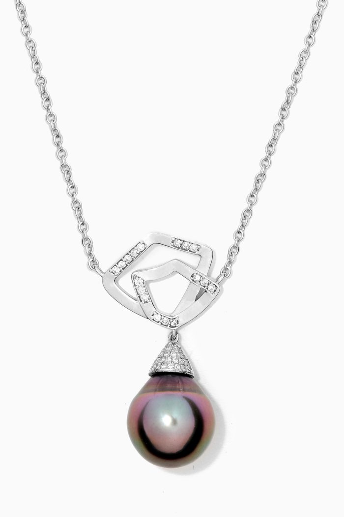 Contour Pearl Pendant with Diamonds in 18kt White Gold, Silver