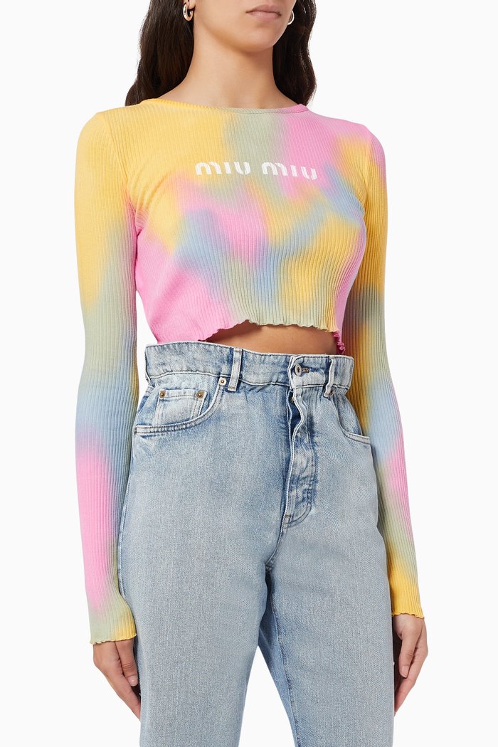 

Logo Print Top in Tie Dye Ribbed Knit Jersey, Multicolour