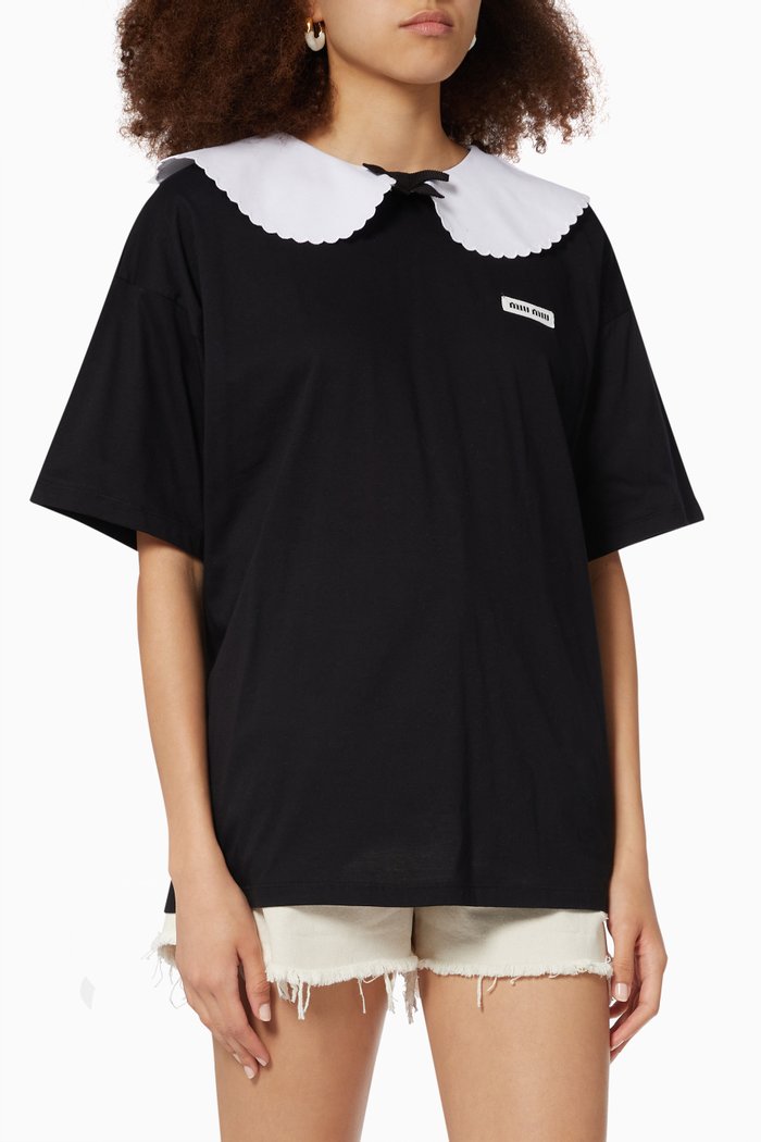Scalloped Collar Oversized T-shirt in Cotton Jersey, Black
