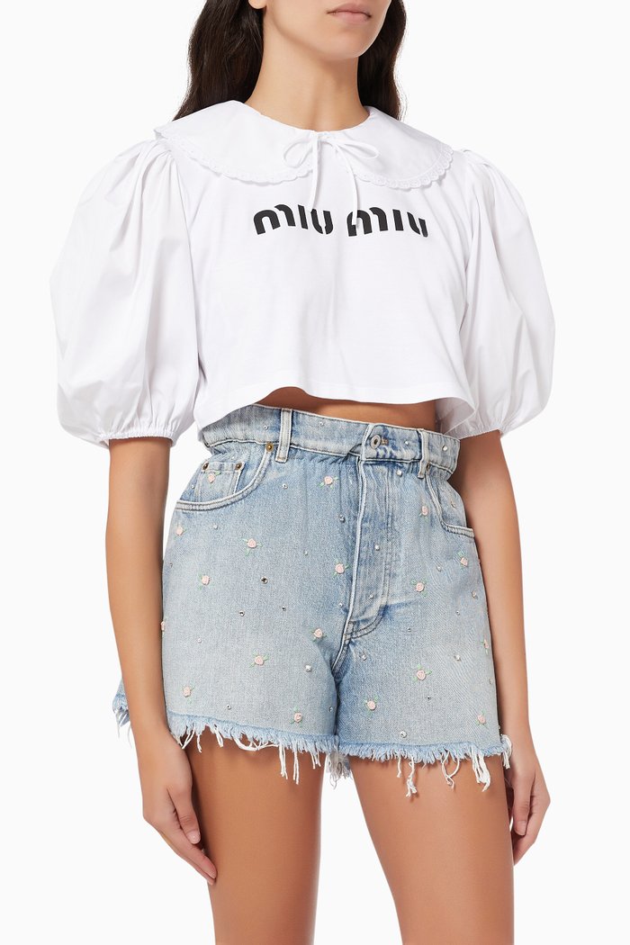 

Balloon Sleeves Crop Top in Cotton Jersey, White
