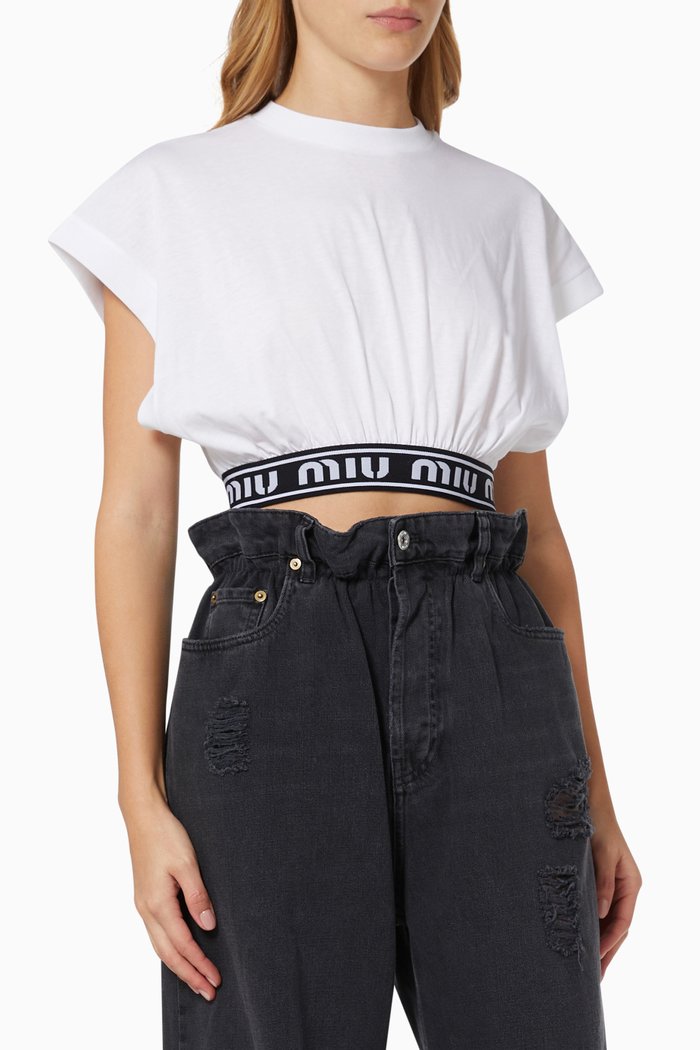 

Logo Band Cropped Top in Cotton Jersey, White