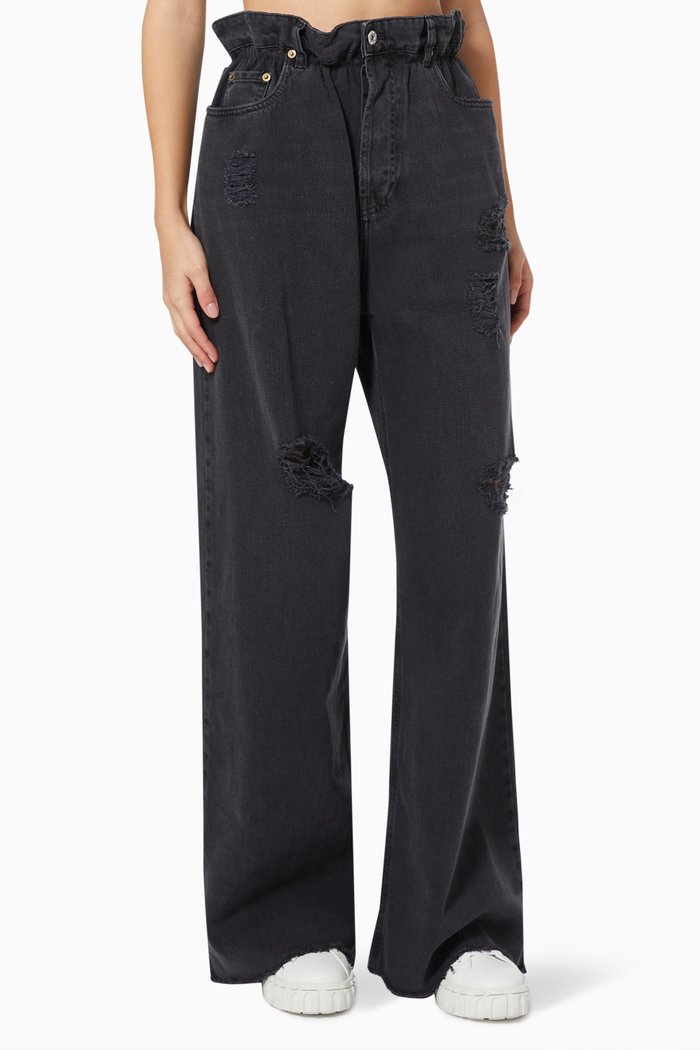 

Paperbag Waist Flared Jeans in Washed Denim, Black