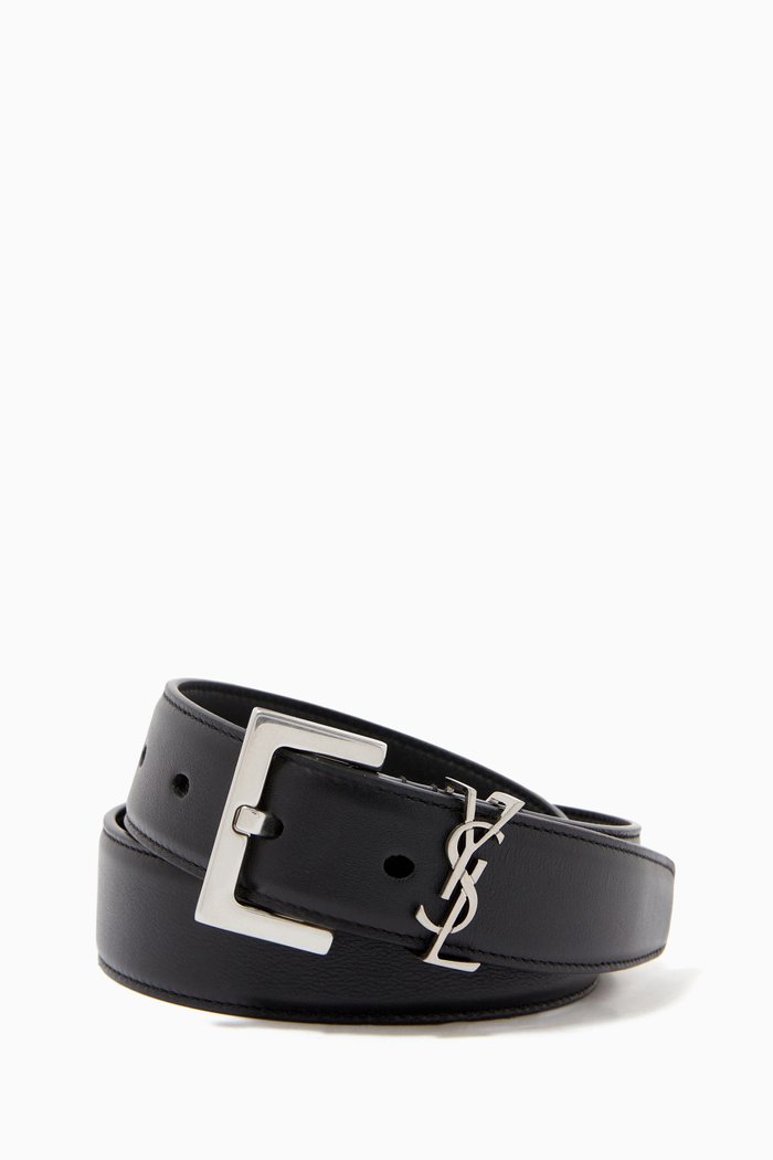 Monogram Belt with Square Buckle in Smooth Leather, Black