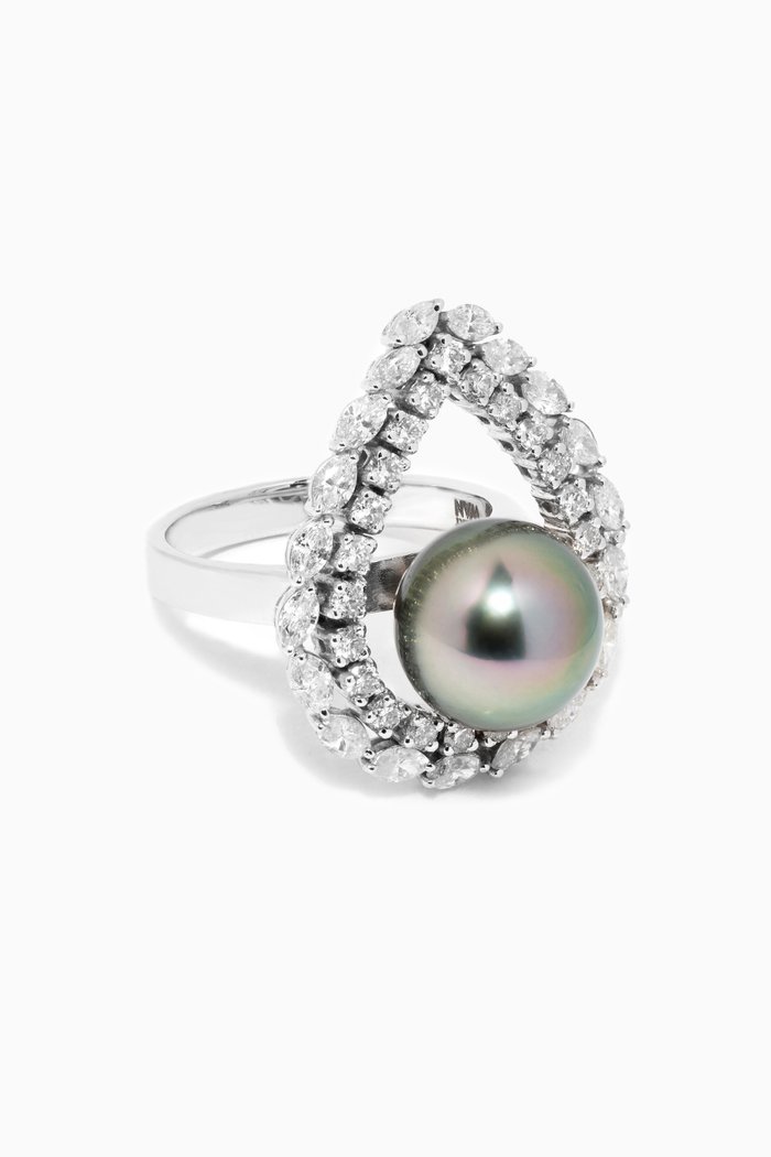 Chance Pearl Ring with Diamonds in 18kt White Gold, Silver